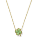 Gold necklace with a green four-leaf clover pendant on a white background