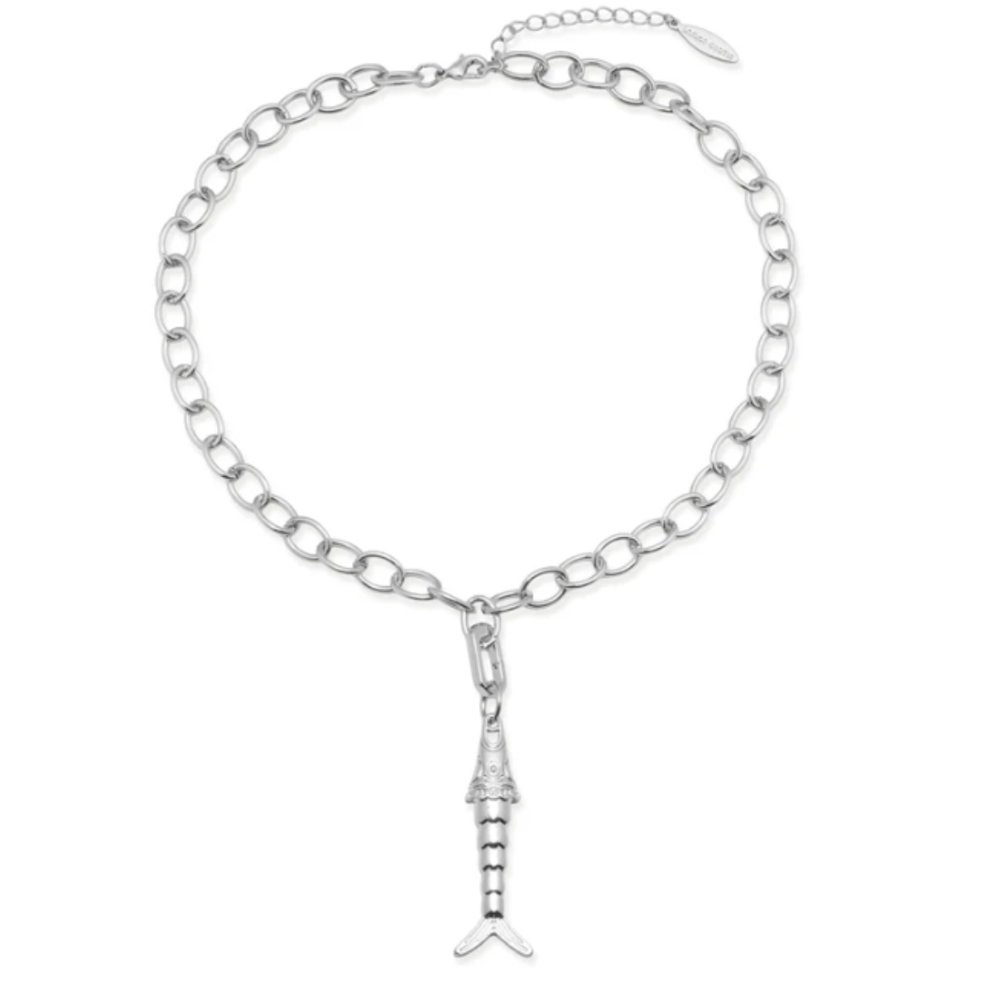 Silver chain necklace with a fish charm on a white background