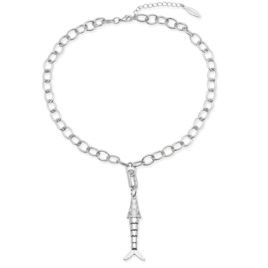 Silver chain necklace with a fish charm on a white background
