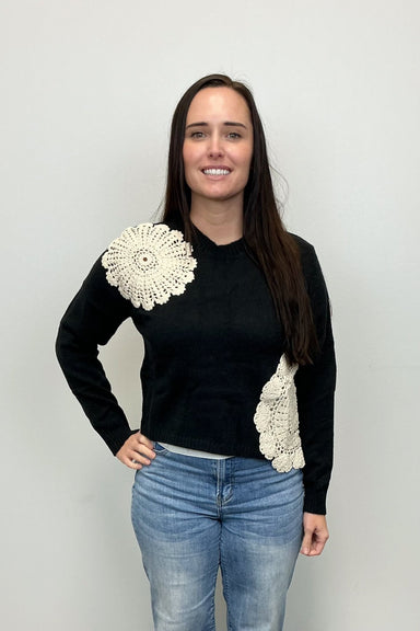 Asymetrical Crochet Cropped Sweater - Black - Very Moda