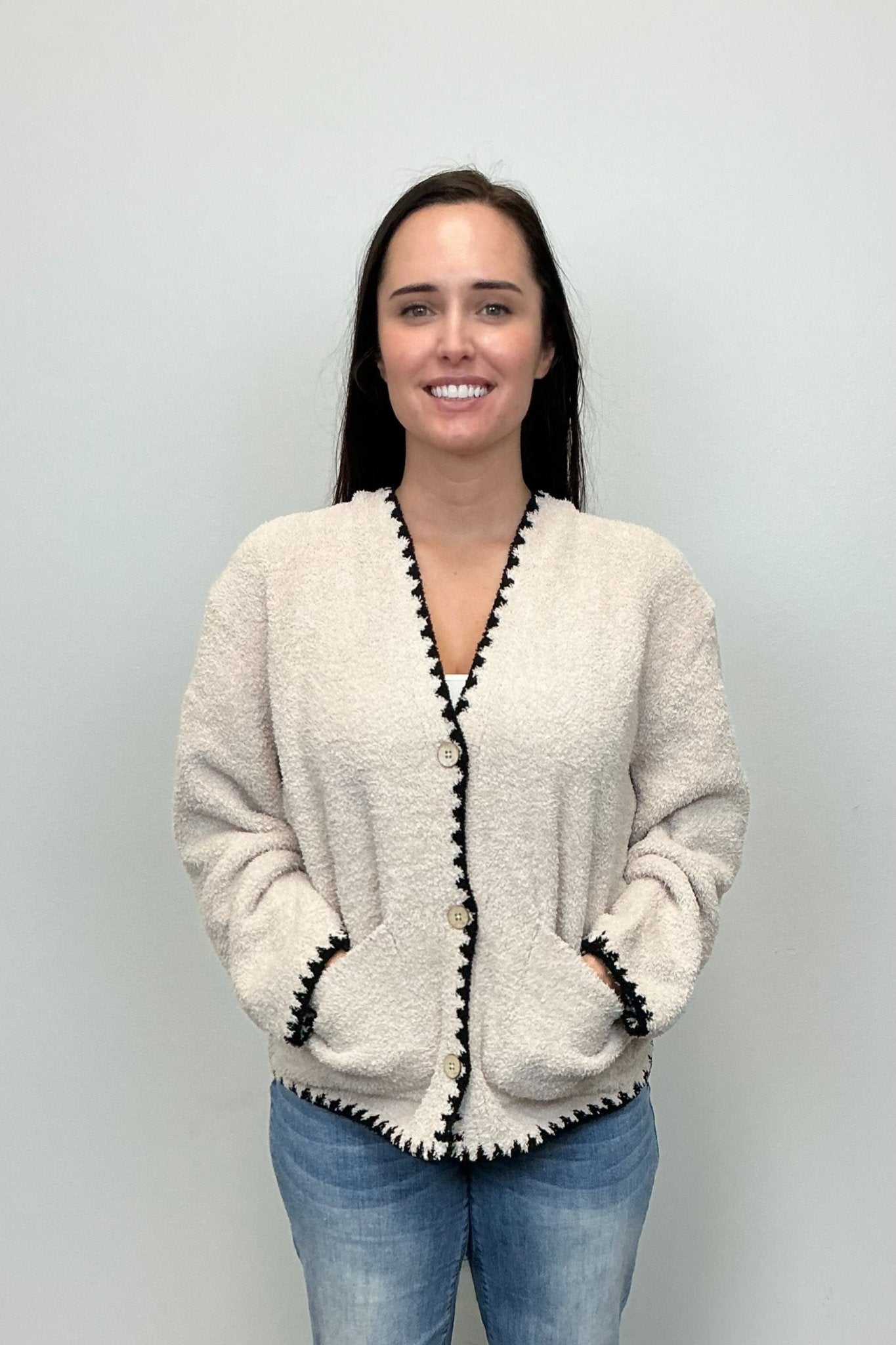 Barefoot Dreams CozyChic Blanket Stitch Cardigan - Stone - Barefoot Dreams