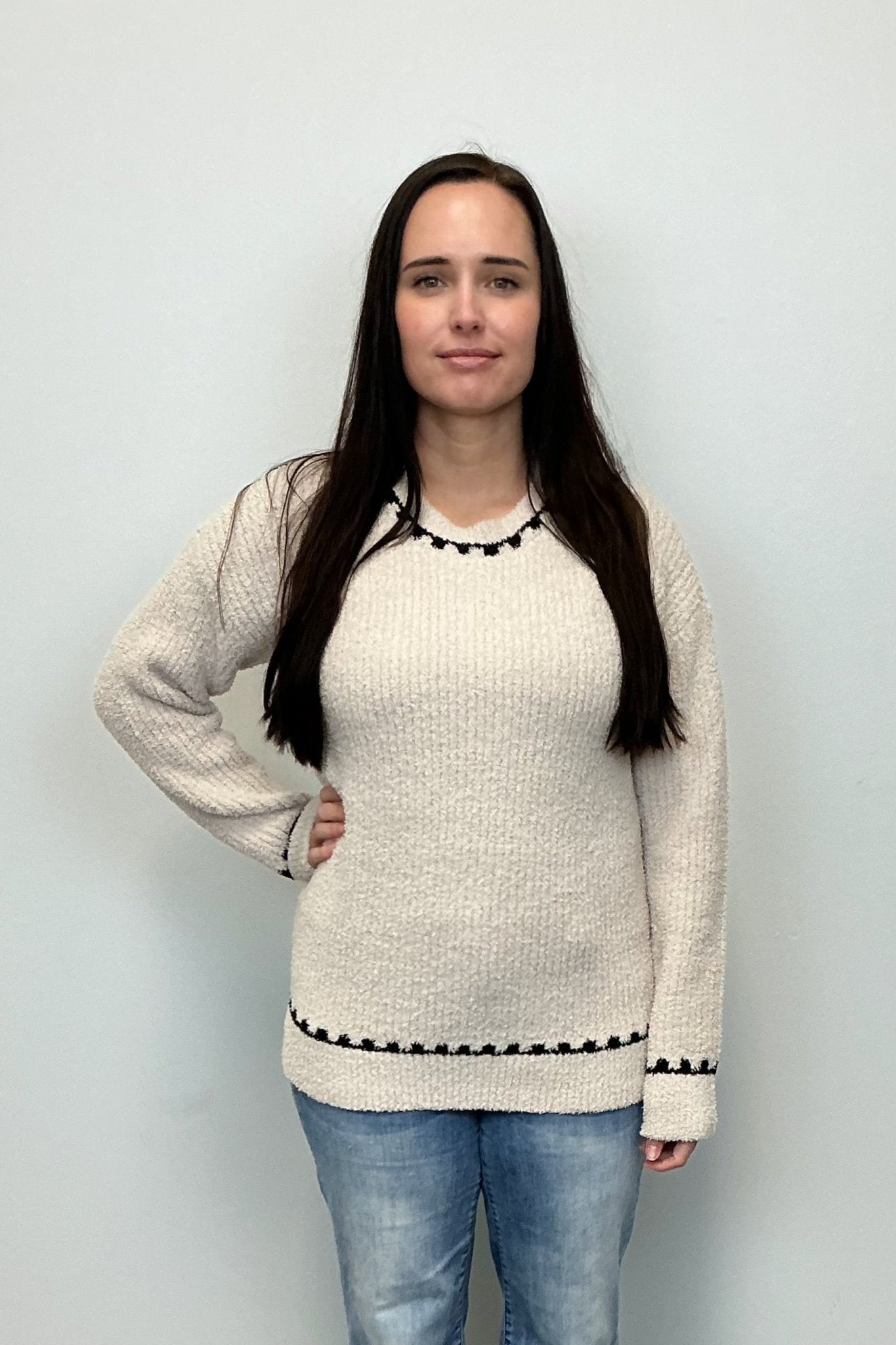 Barefoot Dreams CozyChic Ribbed Sweater w Blanket Stitch - Stone - Barefoot Dreams