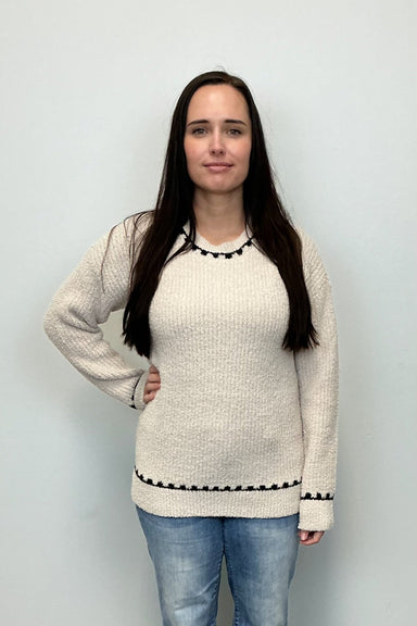 Barefoot Dreams CozyChic Ribbed Sweater w Blanket Stitch - Stone - Barefoot Dreams