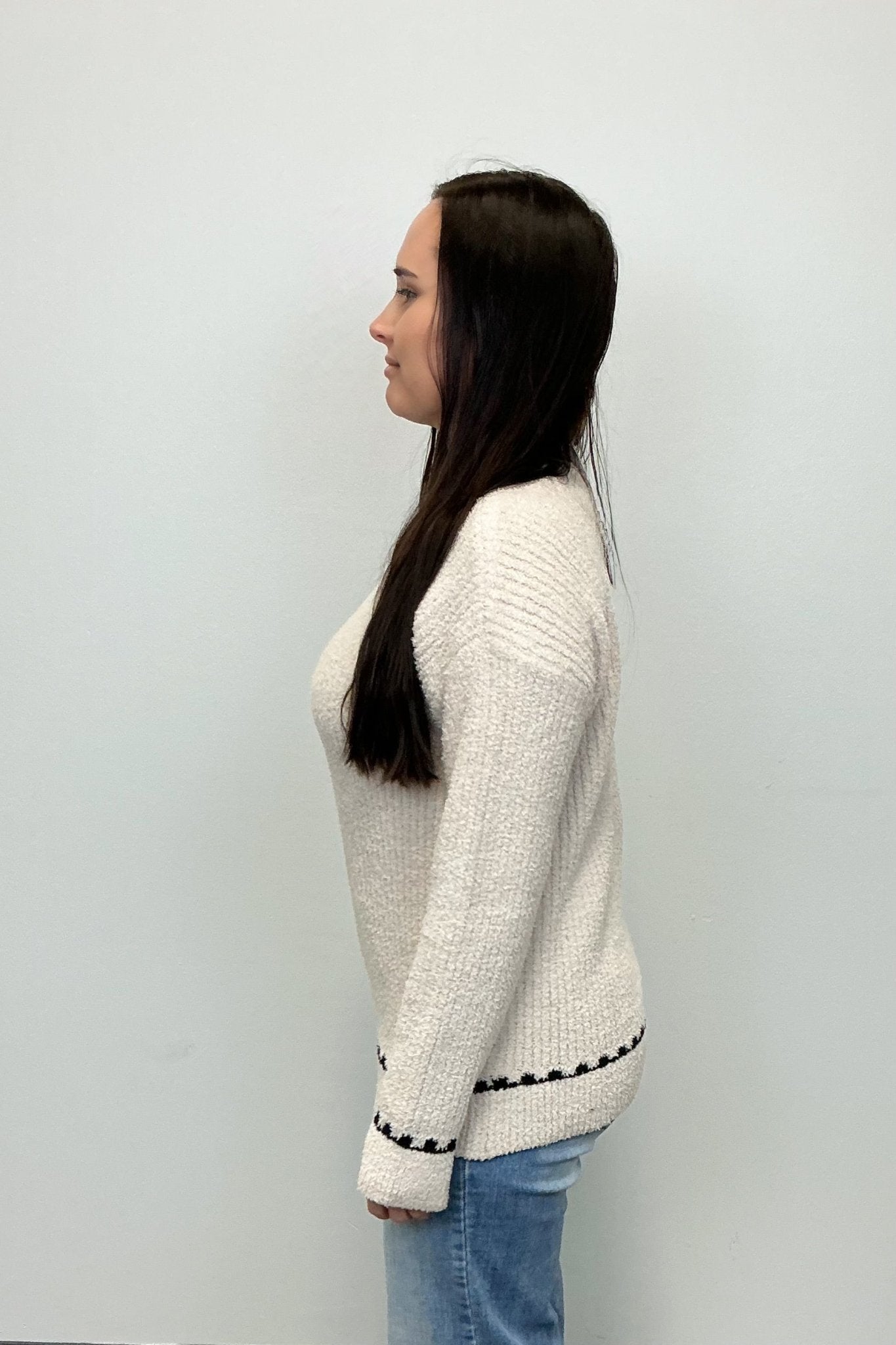 Barefoot Dreams CozyChic Ribbed Sweater w Blanket Stitch - Stone - Barefoot Dreams