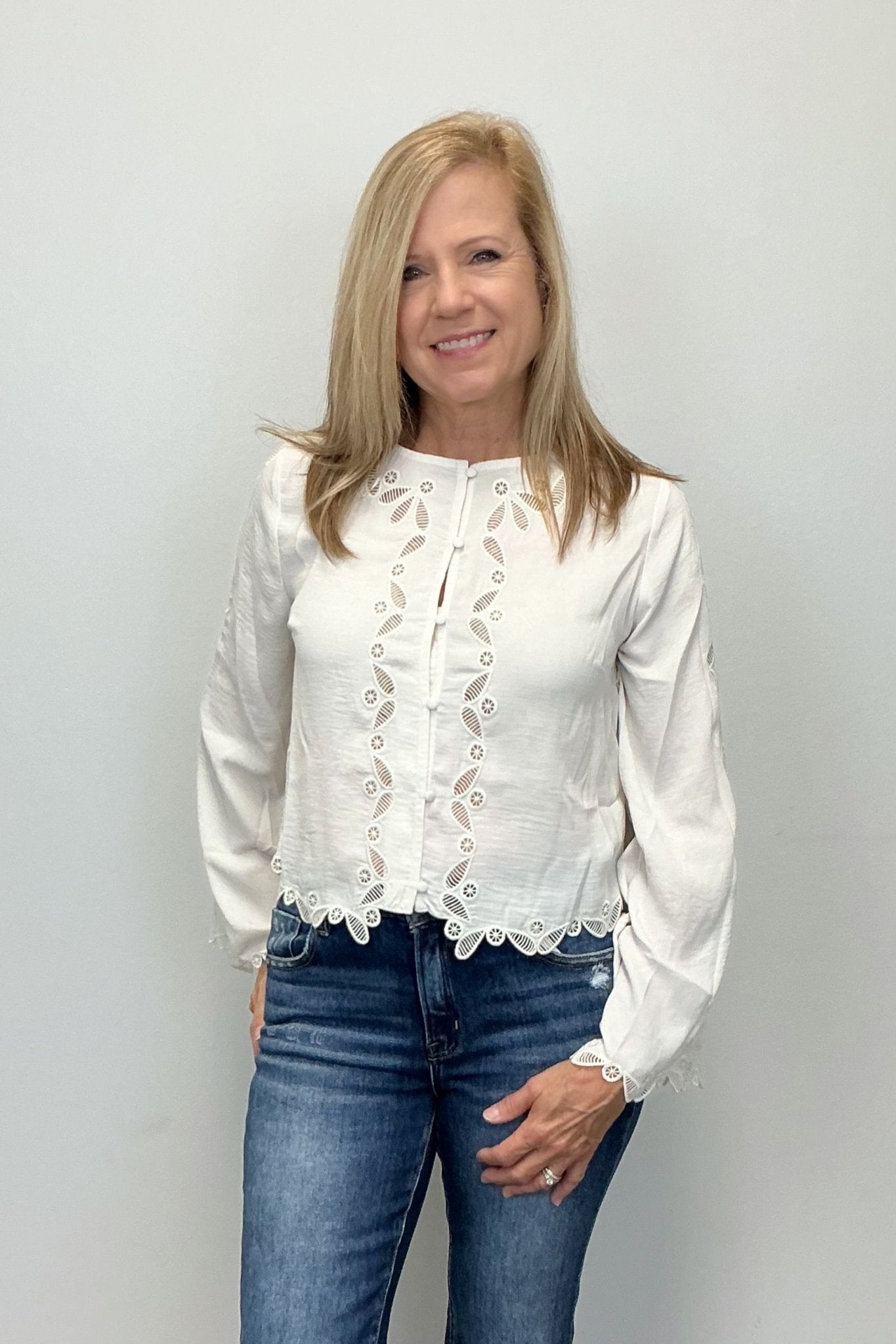 Camellia Embroidered Lace Button Blouse - Camellia