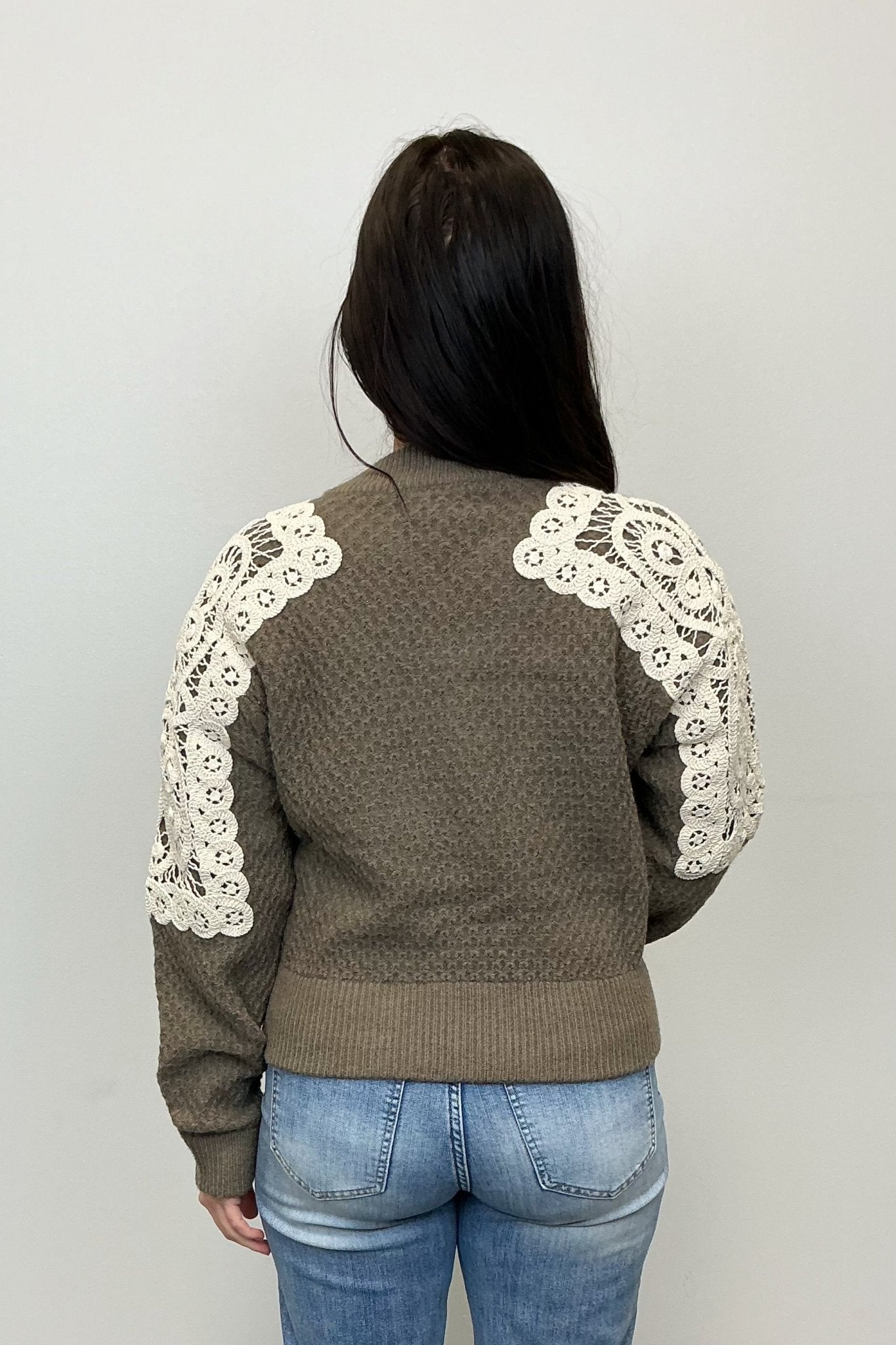 Crochet Shoulder Bomber Cardigan - Olive - Very Moda
