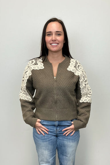 Crochet Shoulder Bomber Cardigan - Olive - Very Moda