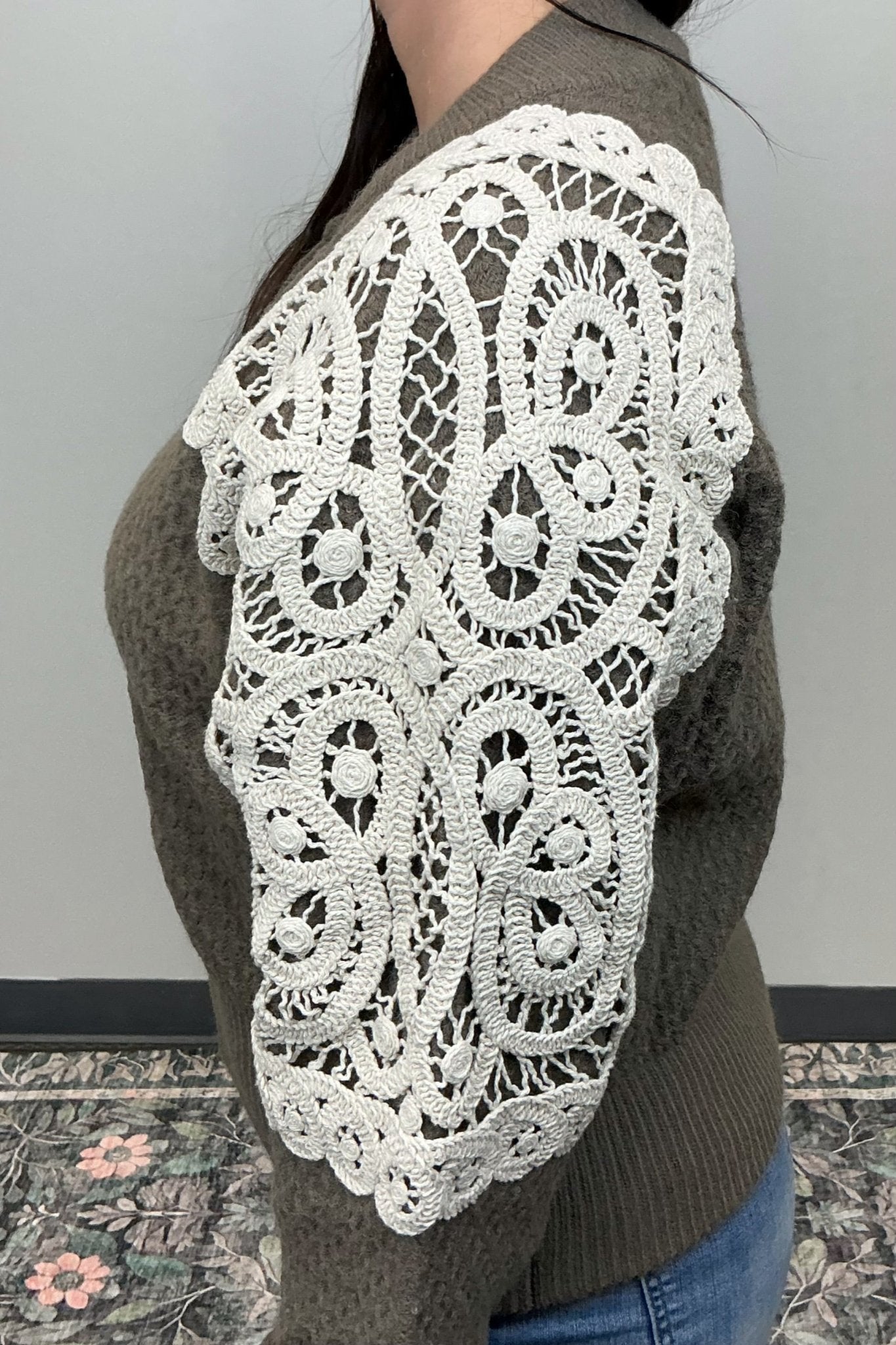 Crochet Shoulder Bomber Cardigan - Olive - Very Moda