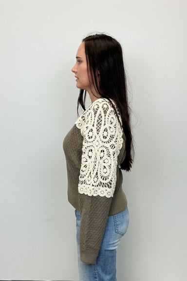 Crochet Shoulder Bomber Cardigan - Olive - Very Moda