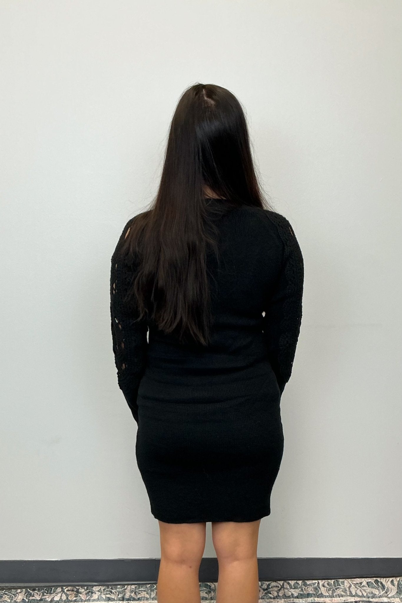 Crochet Sleeves Sweater Dress - Black - Very Moda