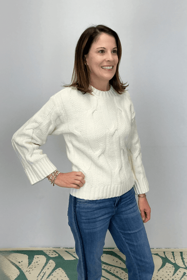 Elan Crew Neck Loose Fit Cable Sweater - Cream - Tribal Sportswear