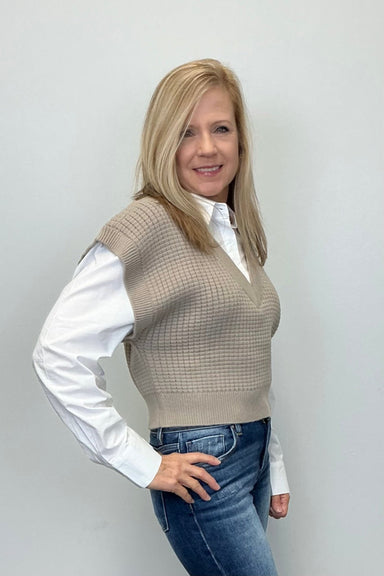 Elan Cropped Faux Layered Top - Taupe - Elan