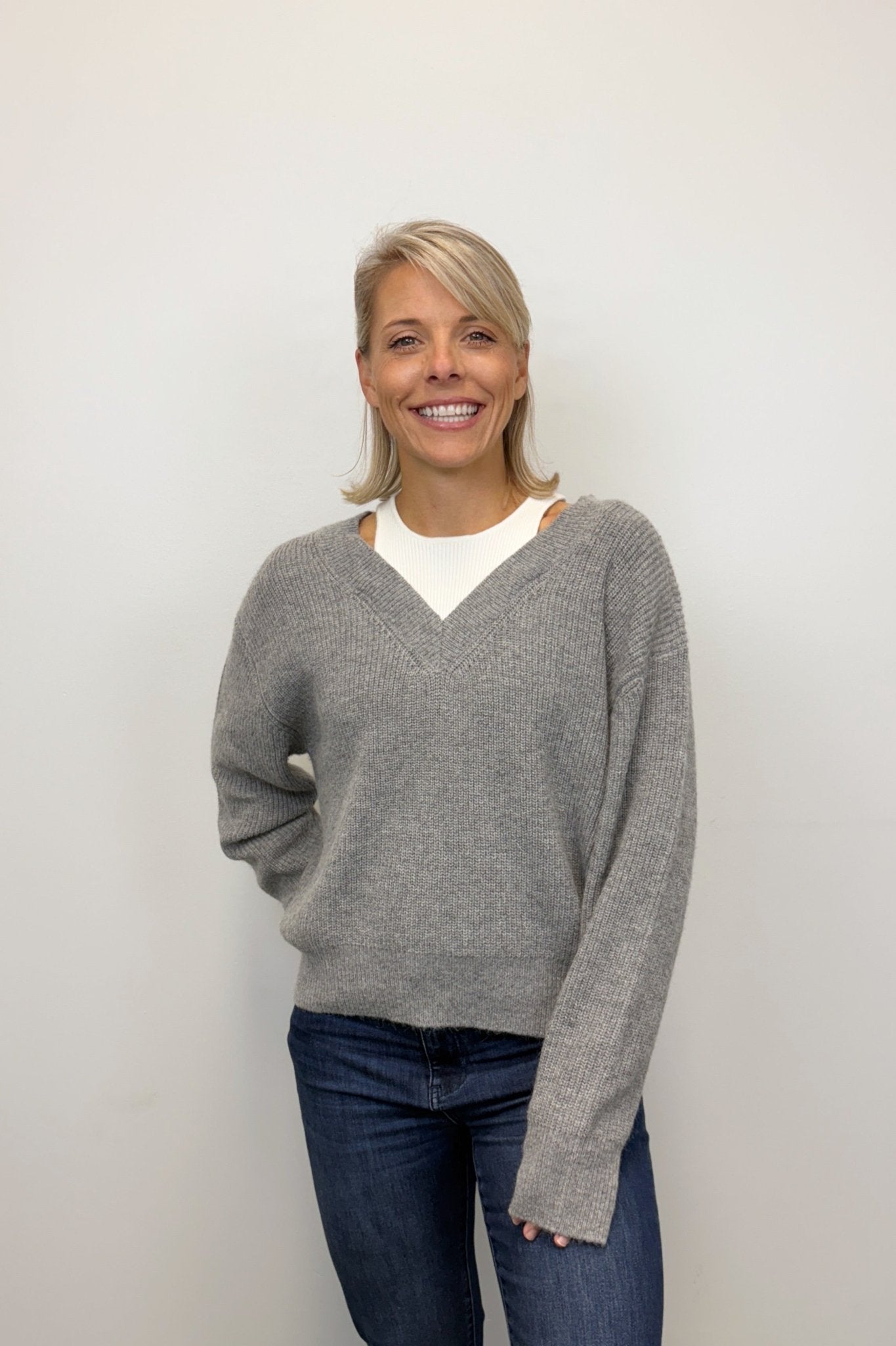 Elan V - Neck Mock Layer Sweater - Grey/White - Elan