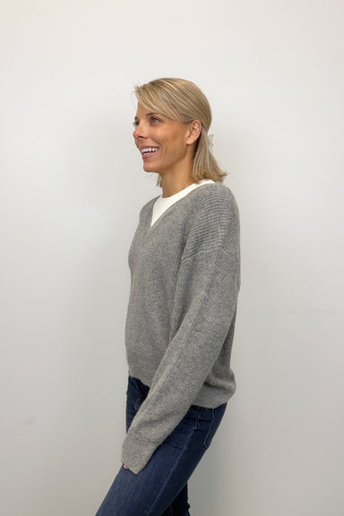 Elan V - Neck Mock Layer Sweater - Grey/White - Elan