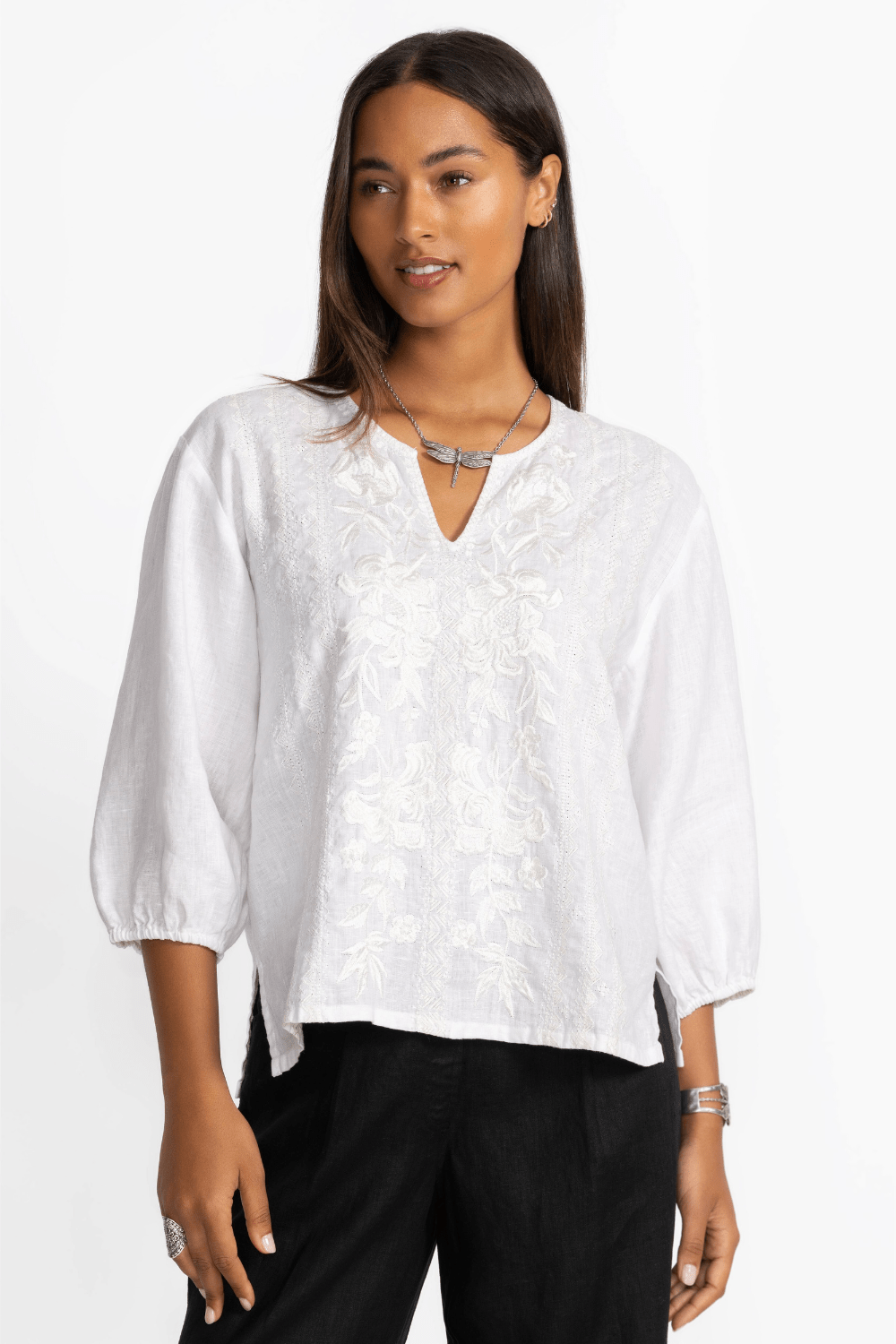Johnny Was Camille Split Neck Linen Blouse - White - Johnny Was