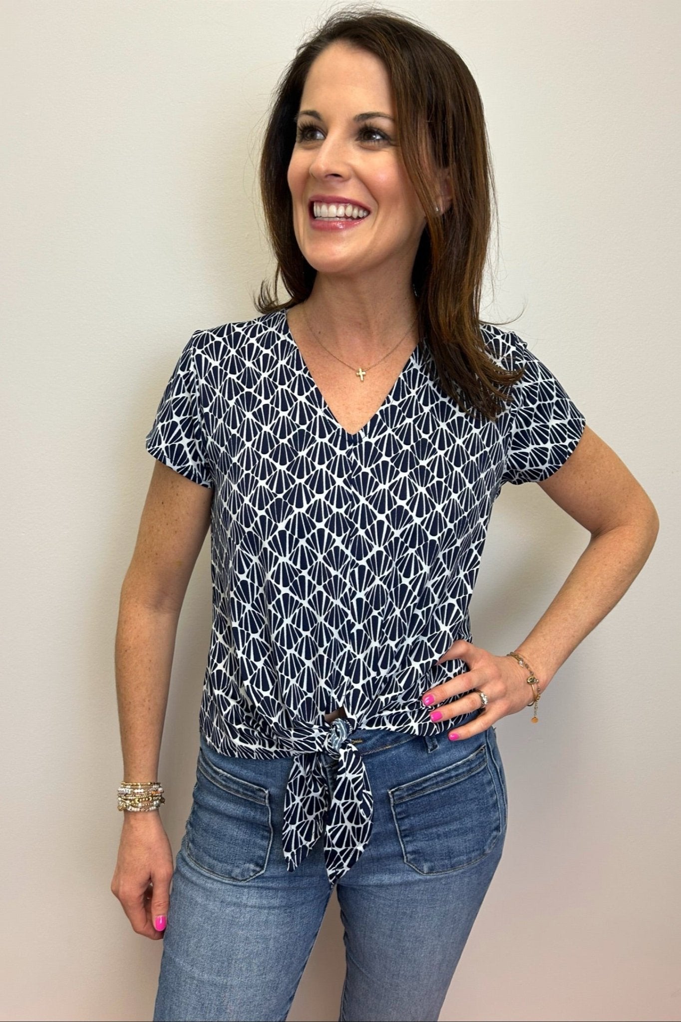 La Mer Luxe Knit Adele Top - Navy Abstract Shell - La Mer Luxe