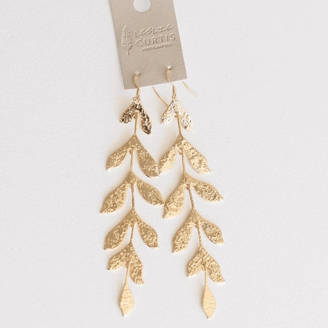 Leslie Curtis Flora Long Leaf Earrings - Gold - Leslie Curtis Jewelry Designs