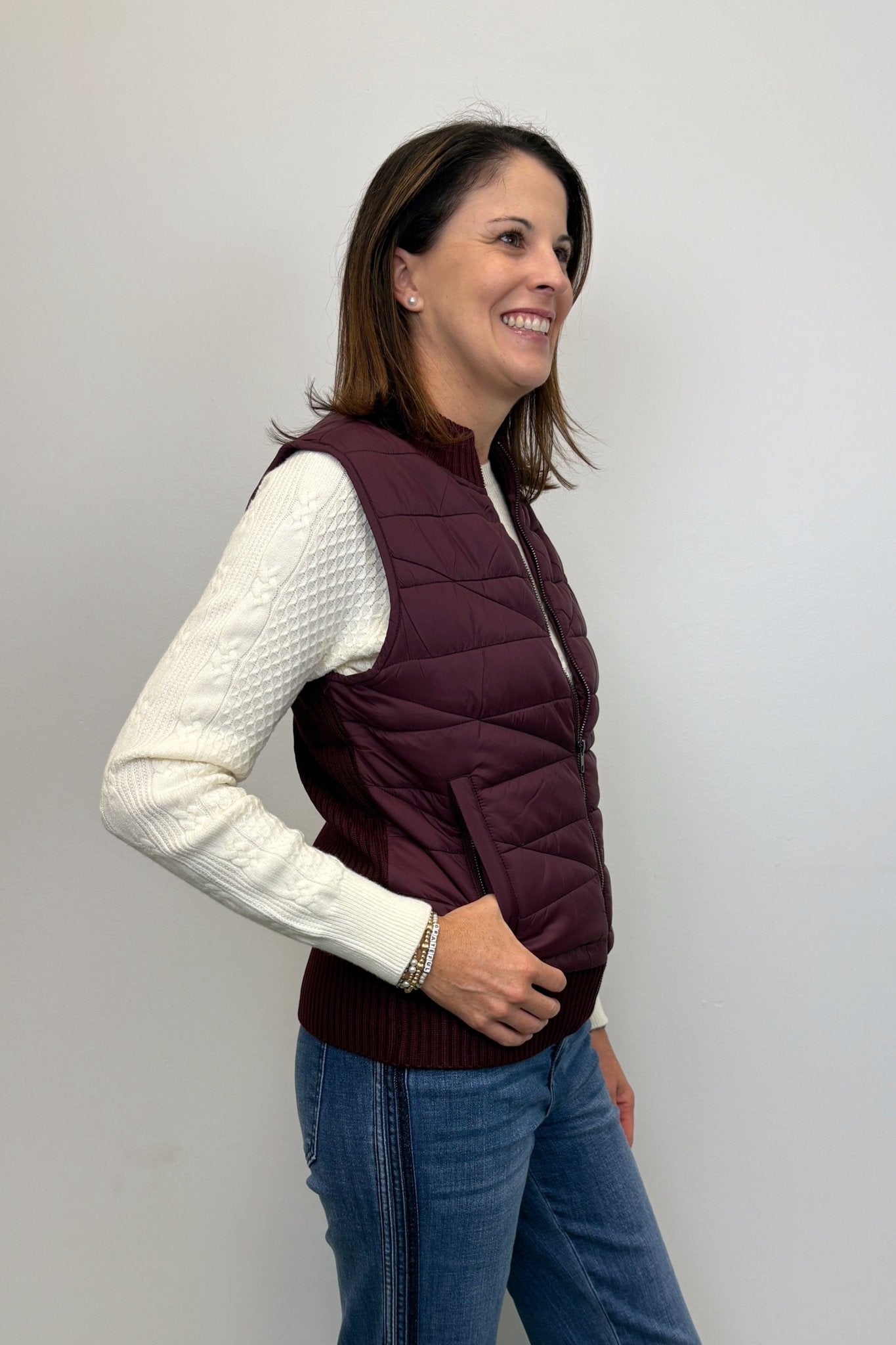 Liverpool Sleeveless Quilted Full Zip Sweater Vest - Wine Berry - Liverpool