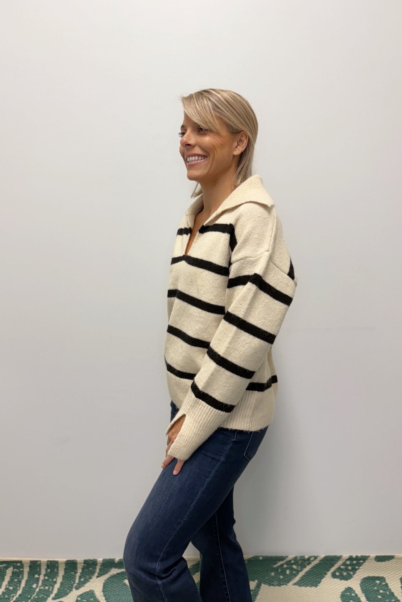Molly Bracken Striped Collared Sweater - Off White/Black - Molly Bracken