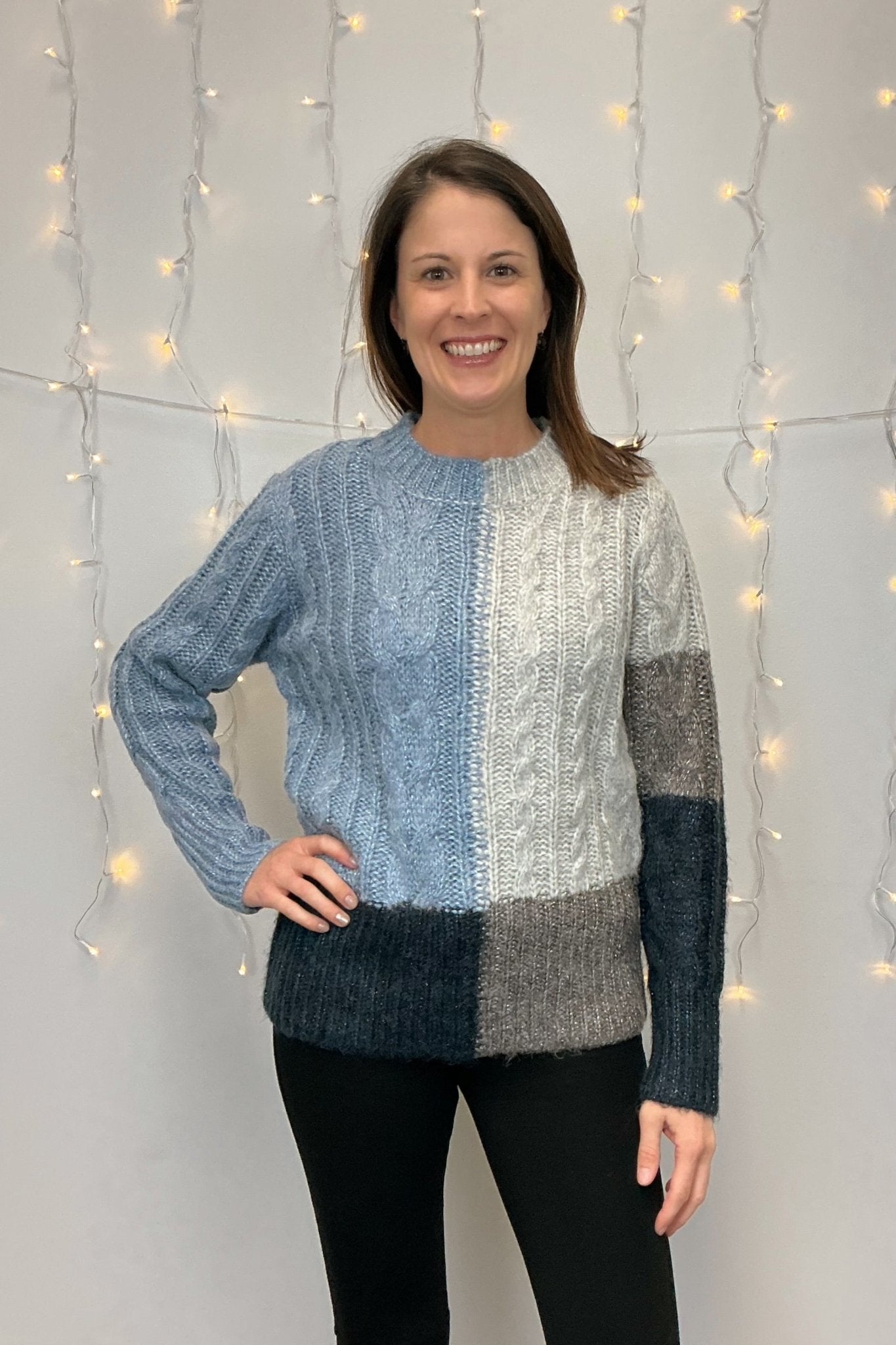 Mystree Color Blocked Cable Sweater - Mystree