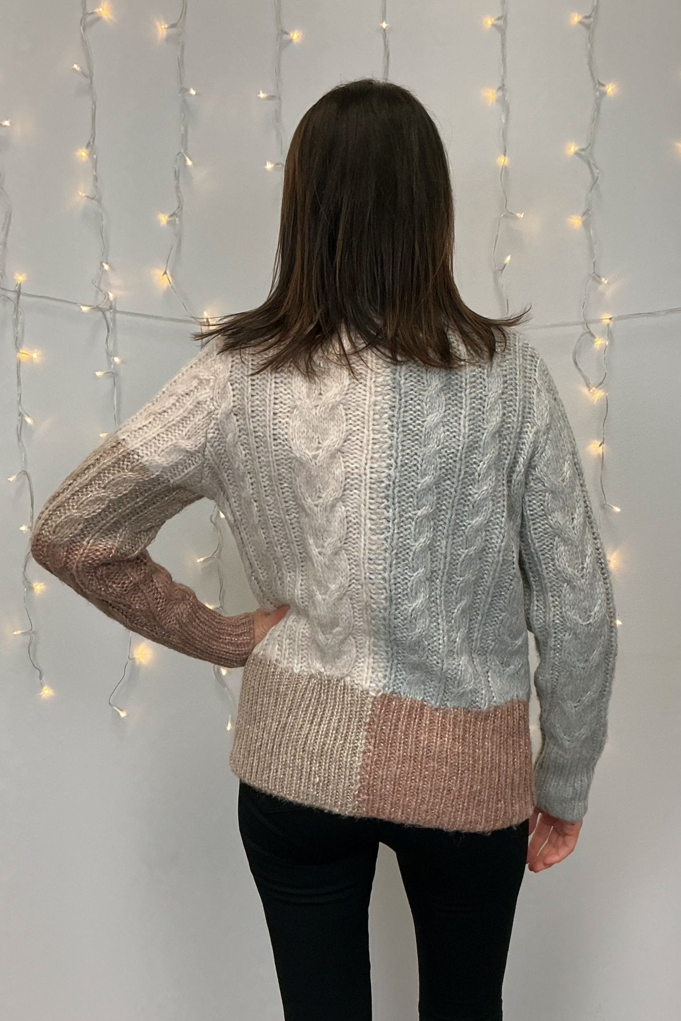 Mystree Color Blocked Cable Sweater - Mystree