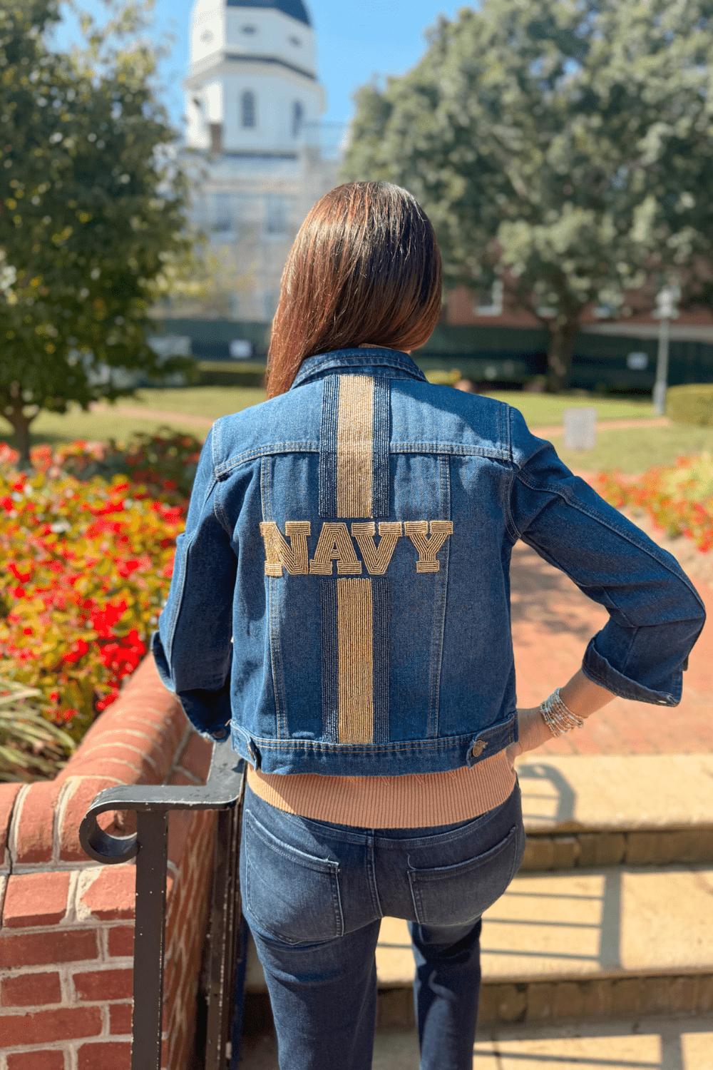 Navy Beaded Denim Jacket - Pearls & Camo
