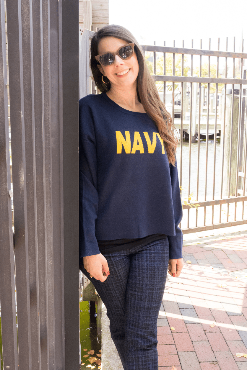 Navy Sweater - Hi - Lo - Pearls & Camo
