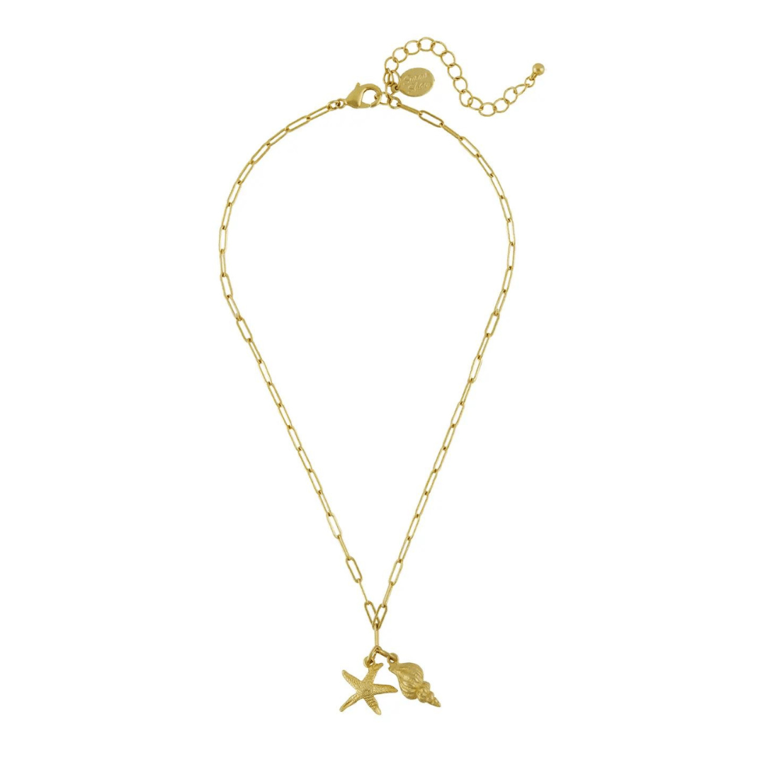 Susan Shaw Gold Starfish & Spiral Shell on Paperclip Chain Necklace - Susan Shaw