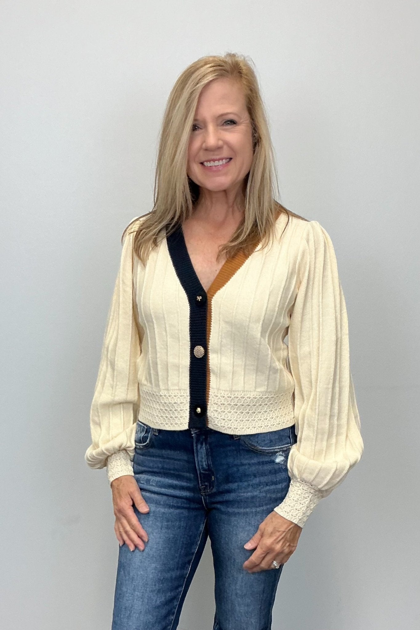 THML Balloon Sleeve Knit Cardigan - Cream - THML Clothing