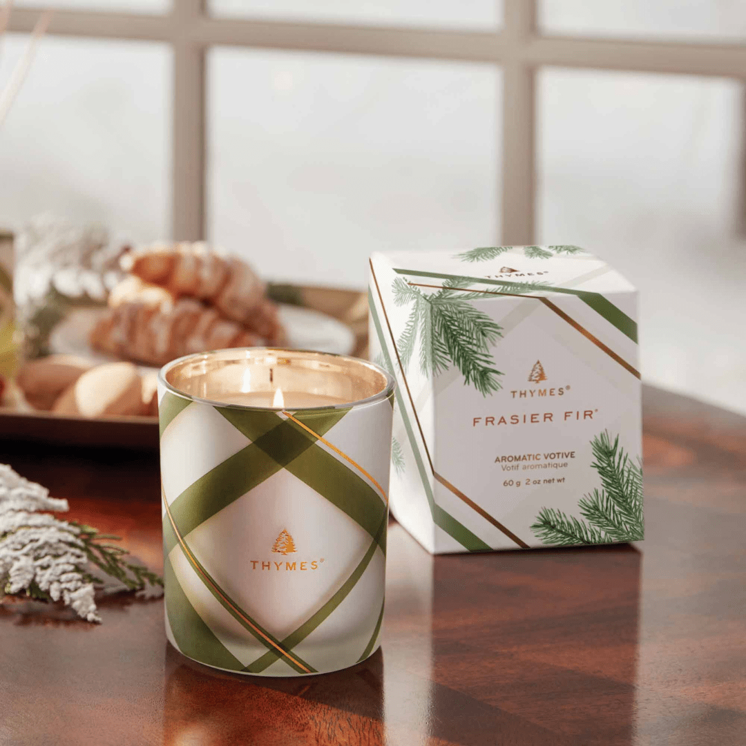 Thymes Frasier Fir Frosted Plaid Votive Candle - Thymes