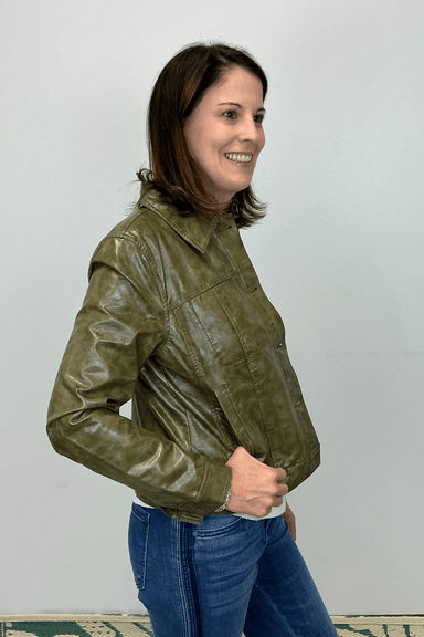 Tribal Button Front Faux Leather Jacket - Olive Leaf - Tribal Sportswear