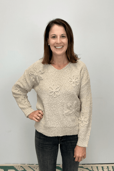 Very Moda Boucle Floral V - Neck Sweater - Khaki - Very Moda