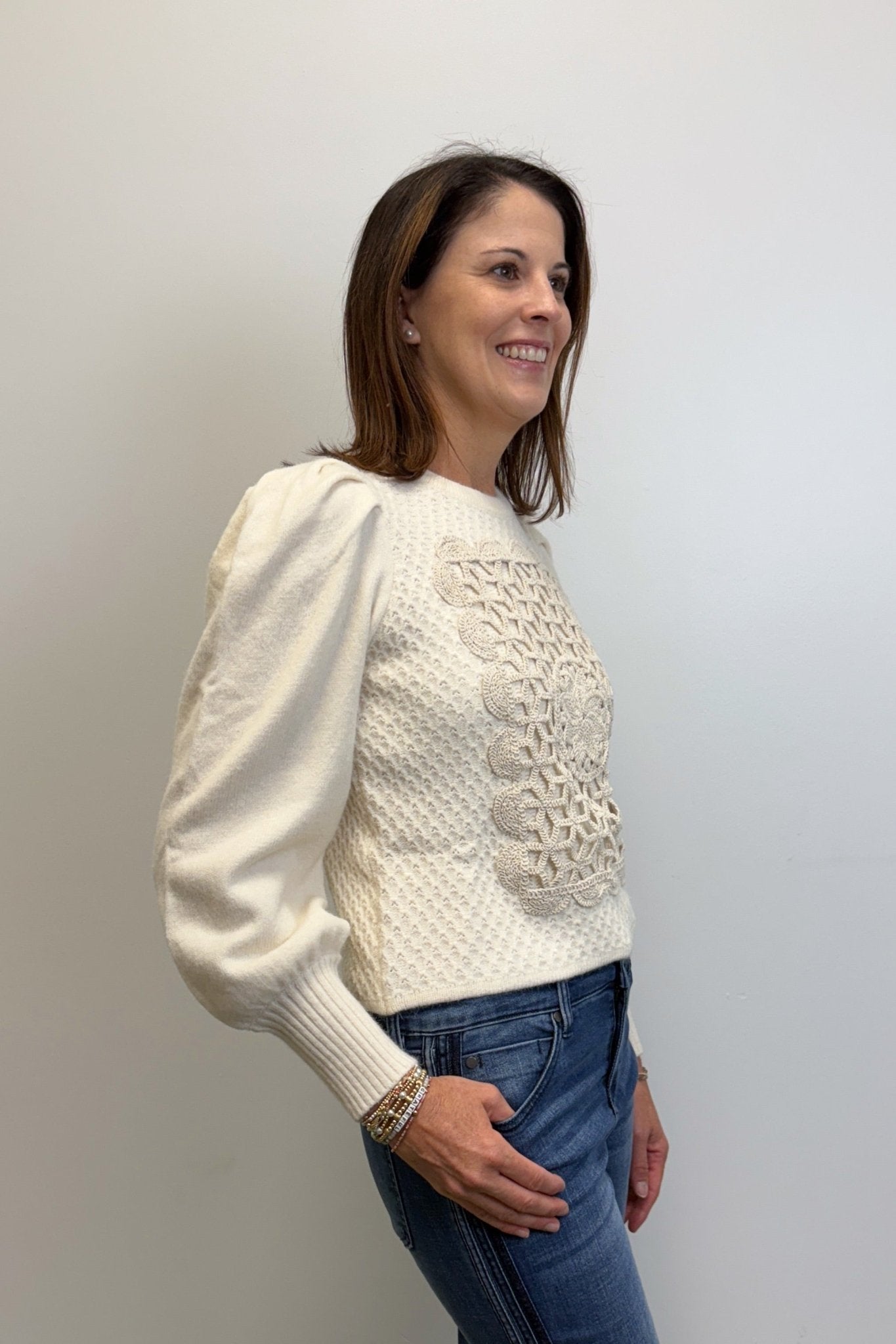 Very Moda Crochet Square Bishop Sleeve Sweater - Beige - Very Moda