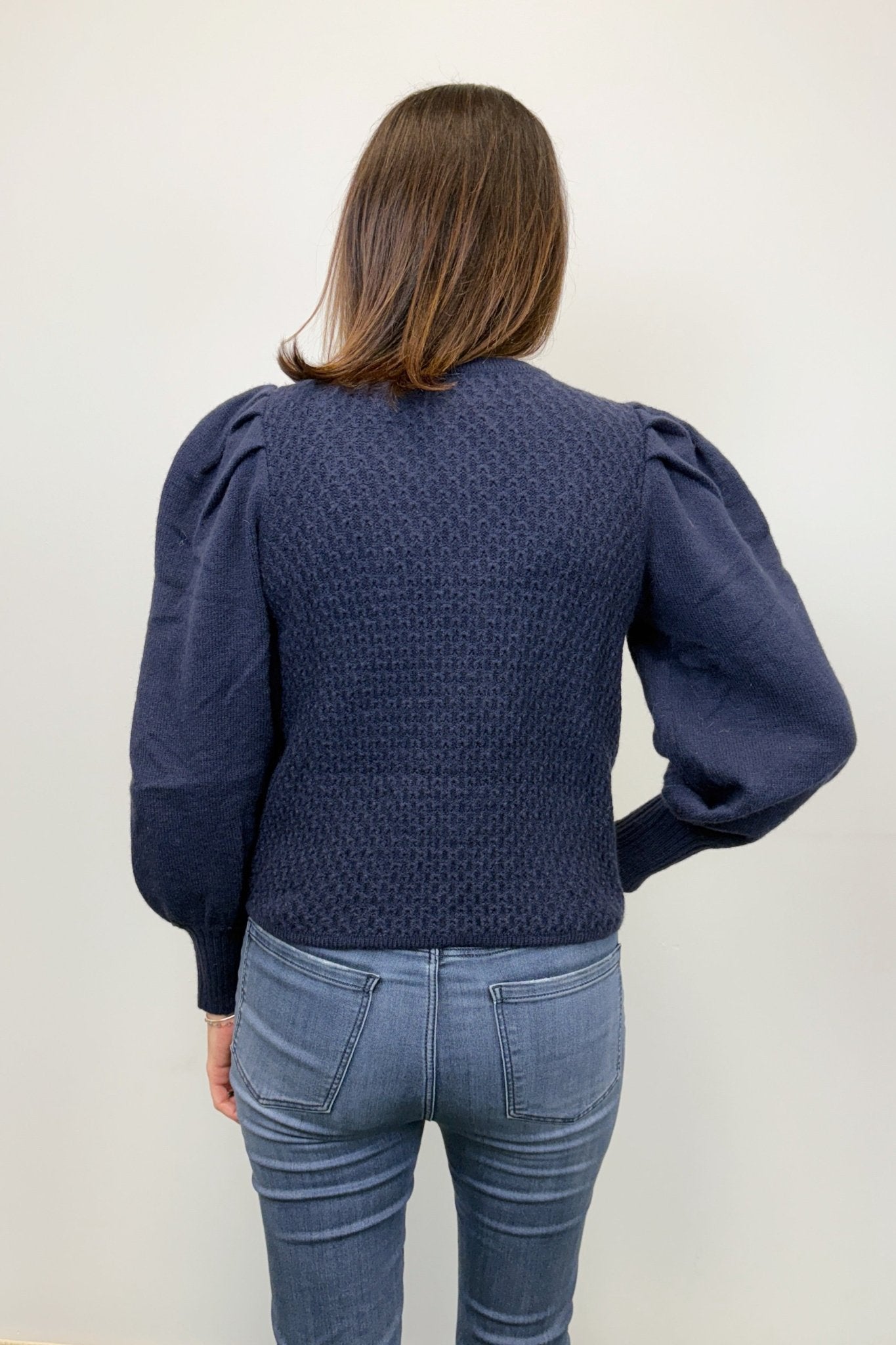 Very Moda Crochet Square Bishop Sleeve Sweater - Navy - Very Moda