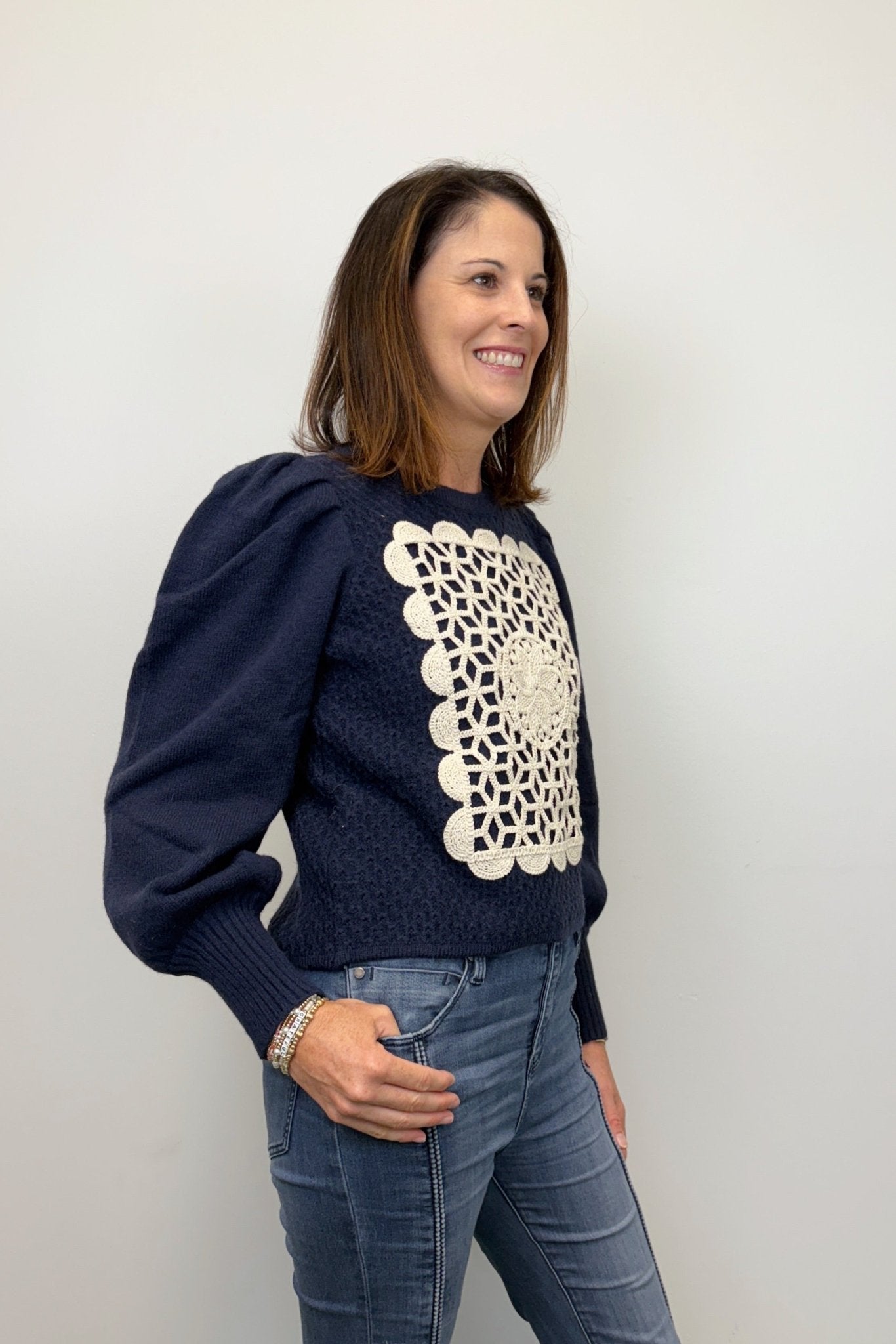 Very Moda Crochet Square Bishop Sleeve Sweater - Navy - Very Moda
