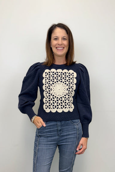 Very Moda Crochet Square Bishop Sleeve Sweater - Navy - Very Moda