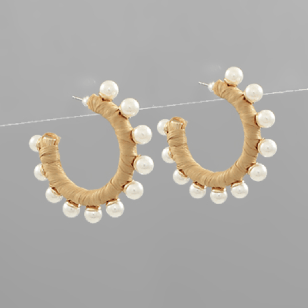 Wrapped Raffia and Pearl Hoops - Golden Stella