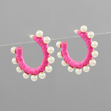 Wrapped Raffia and Pearl Hoops - Golden Stella