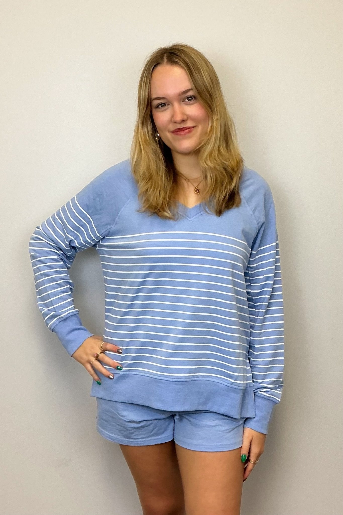 Z Supply Weekender Stripe V Neck - Barcelona Blue - Z Supply